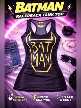 🦇Batman Graphic Stretchy Racerback Tank Top Black Fitted Comic Tee